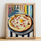 Pizza Carbonara – Italian Urban Café Scene, Pizza Illustration, no-text version framed in wood