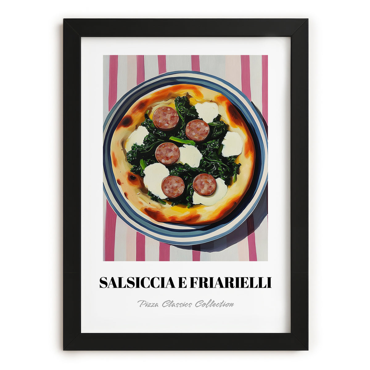 Salsiccia E Friarielli – on Striped Tablecloth, Pizza Still Life, in sleek black frame