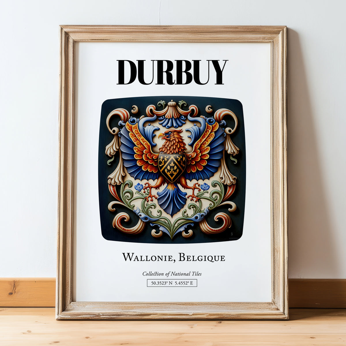 Durbuy, Belgium – Travel Poster, in wooden frame leaning on the floor