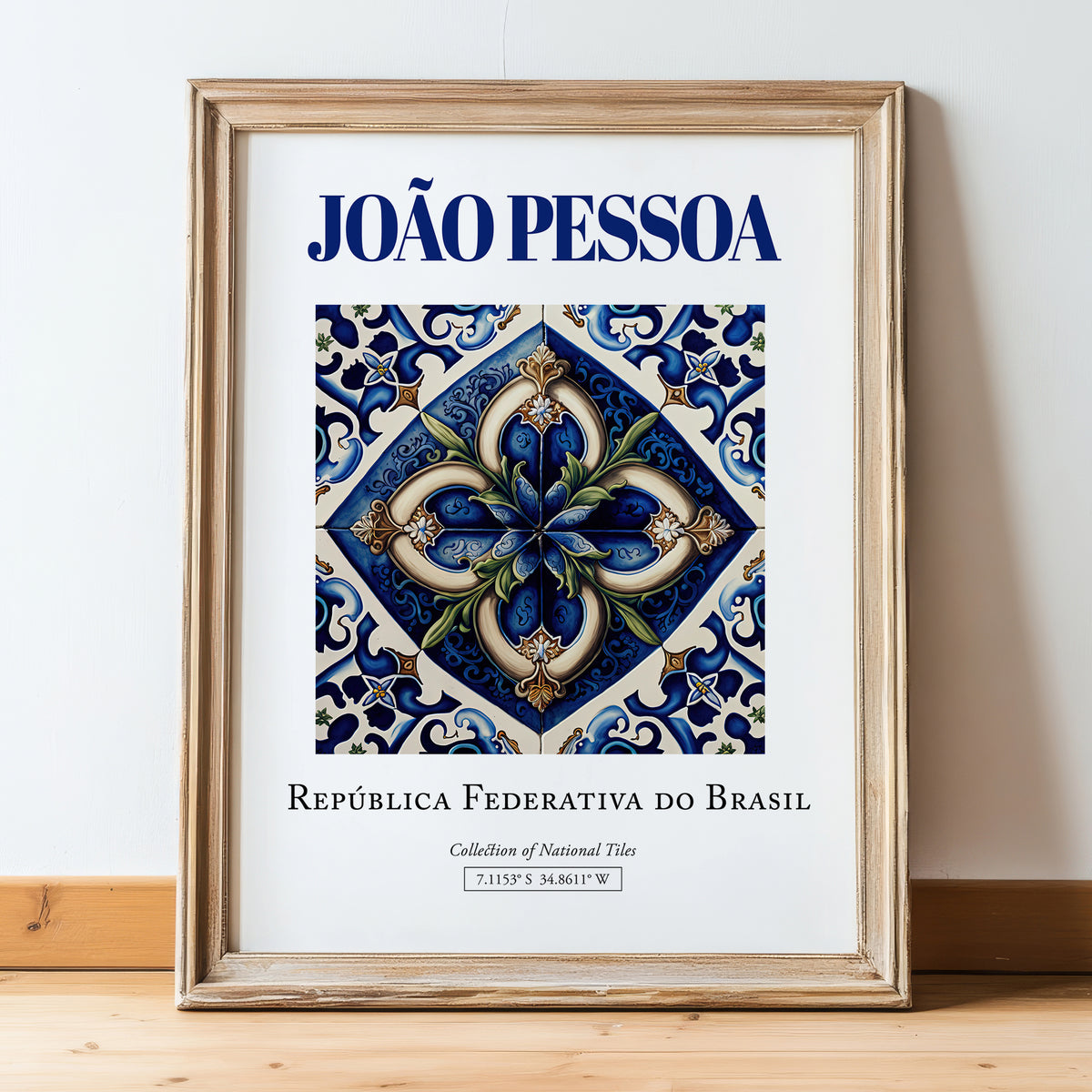 João Pessoa, Brasil – Minimalist Travel Print, in wooden frame leaning on the floor