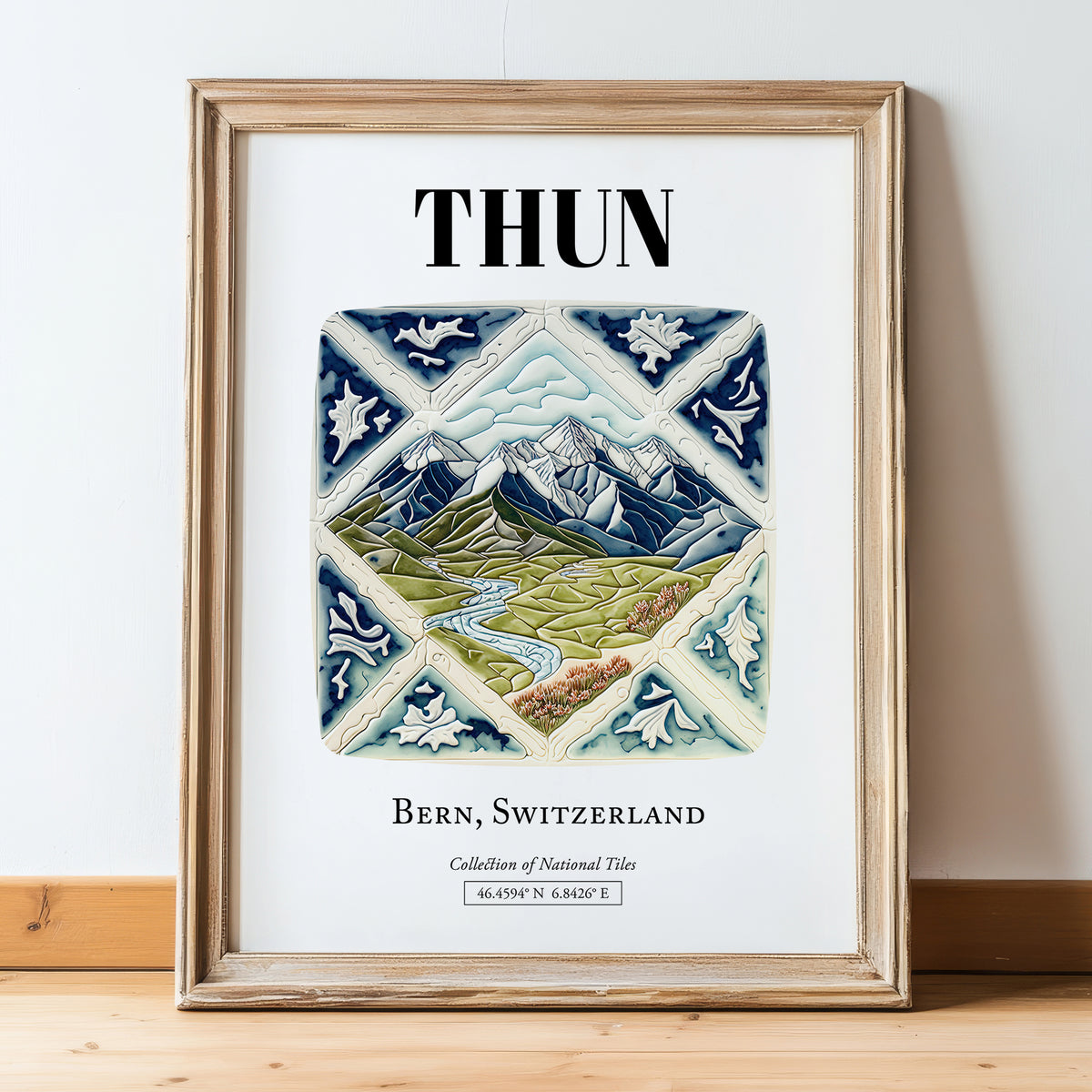 Thun, Switzerland – Travel Print, in wooden frame leaning on the floor