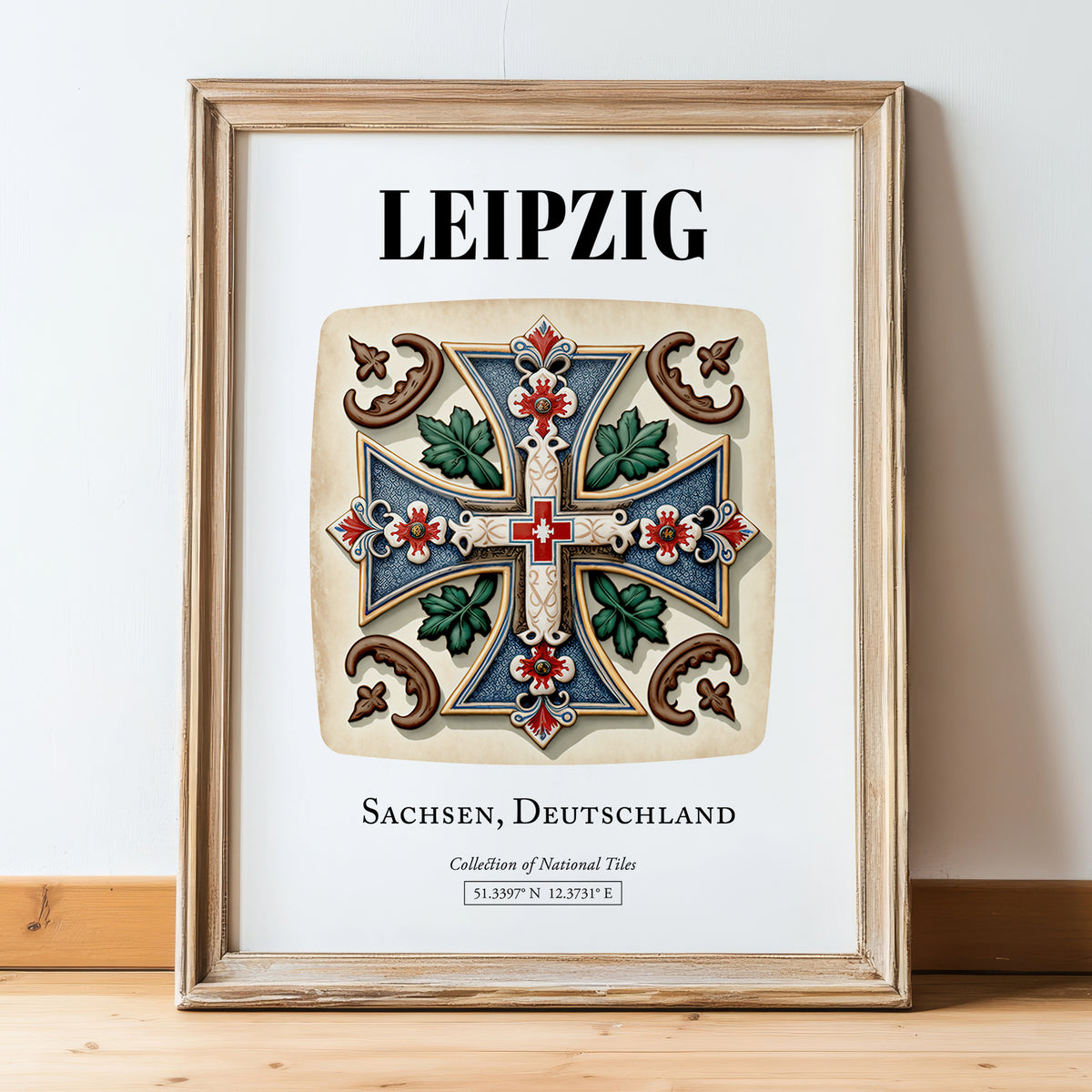 Leipzig, Germany – Travel Print, in wooden frame leaning on the floor