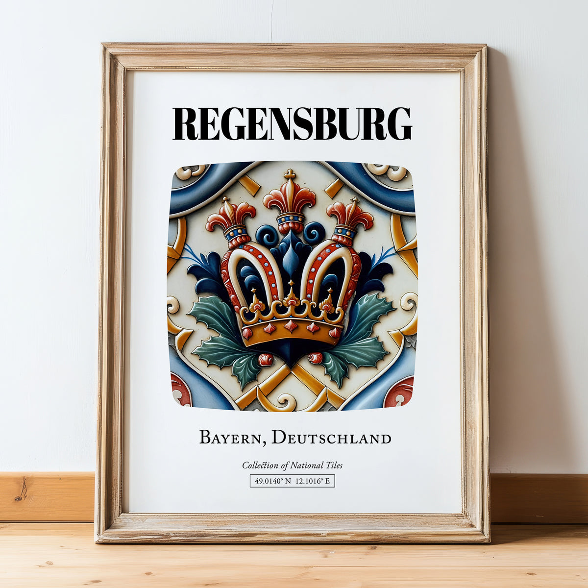 Regensburg, Germany – Travel Wall Art, in wooden frame leaning on the floor
