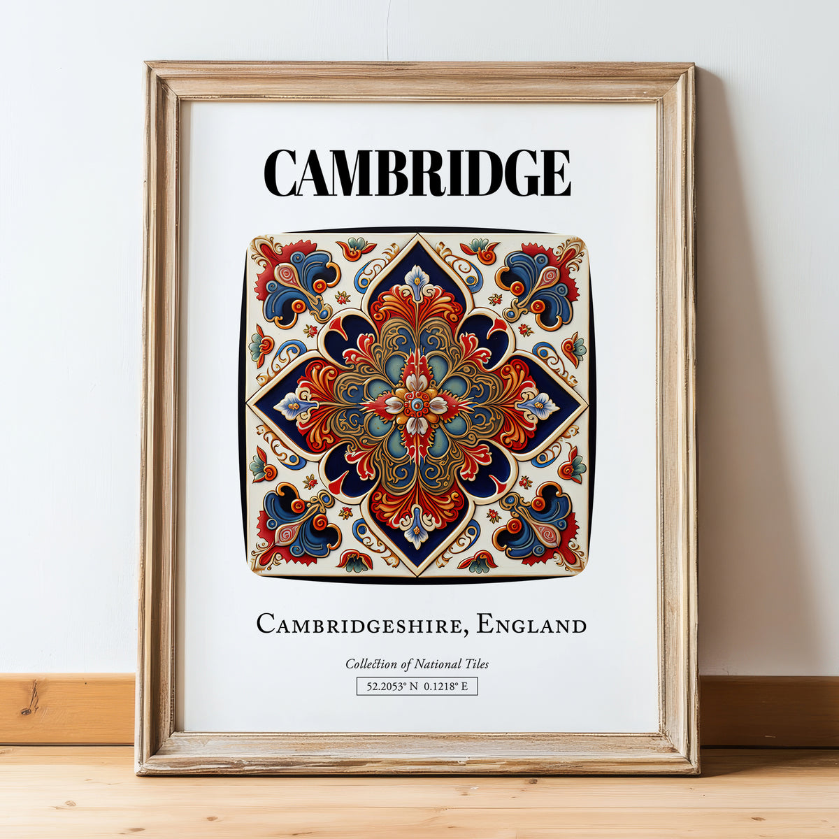 Cambridge, England – Travel Poster, in wooden frame leaning on the floor