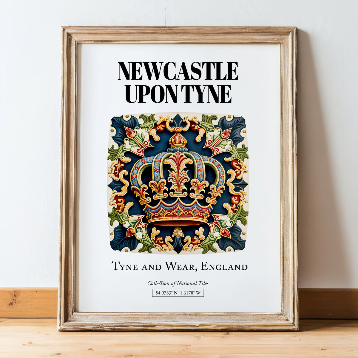 Newcastle Upon Tyne, England – Travel Print, in wooden frame leaning on the floor