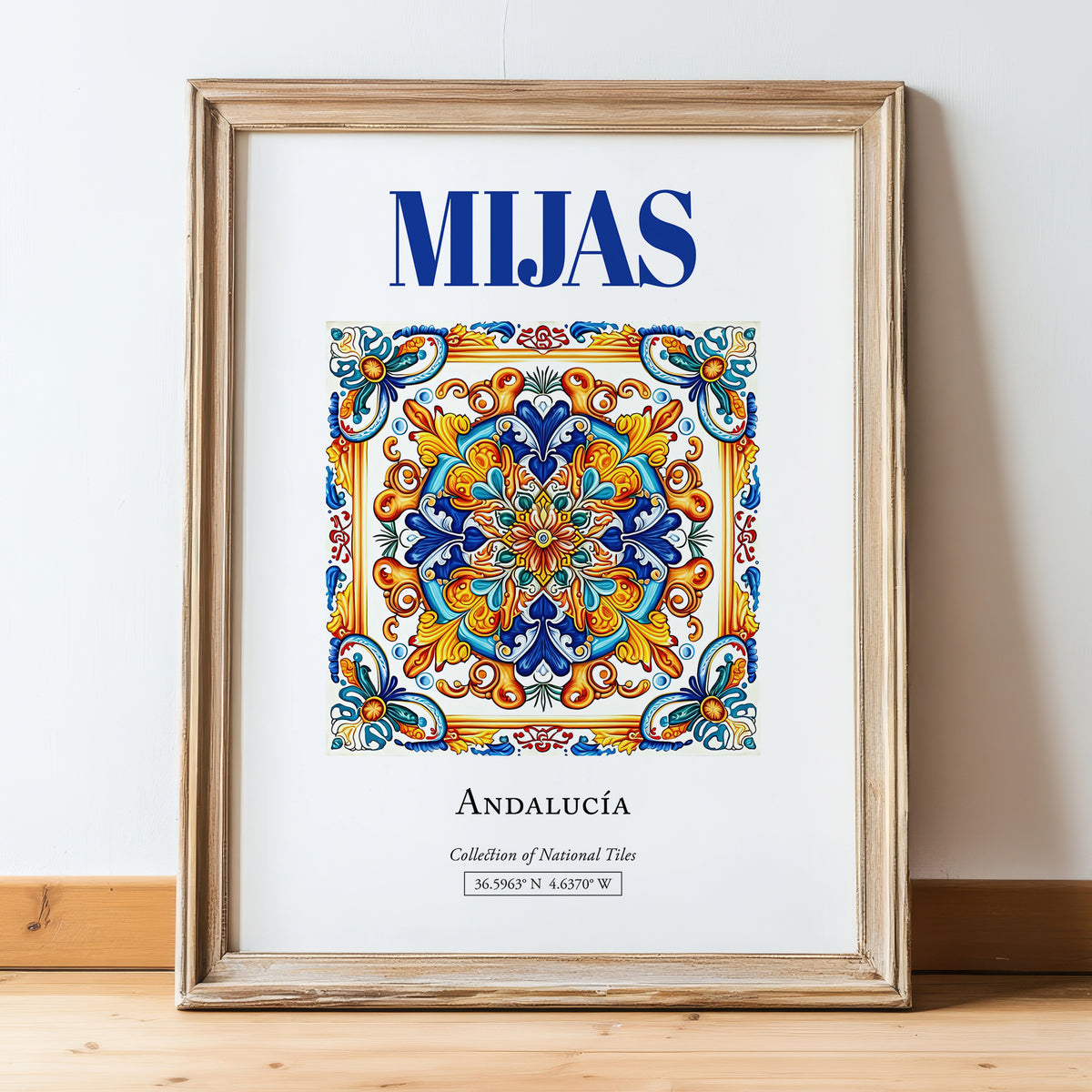 Mijas, Spain – Travel Poster, in wooden frame leaning on the floor