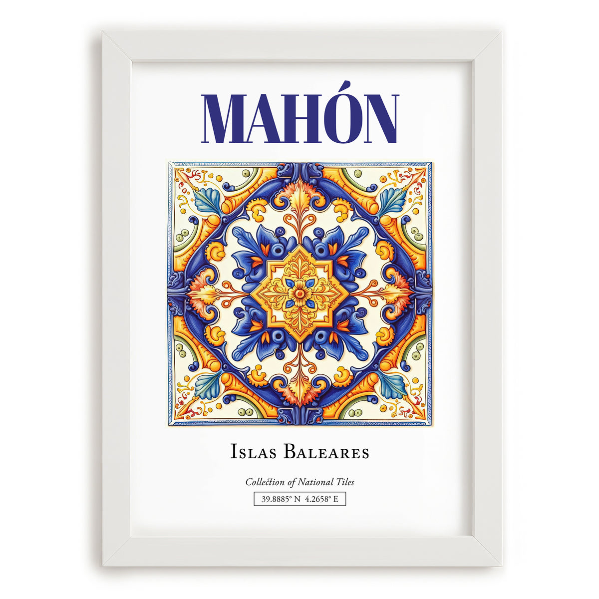 Mahón (Maó), Spain – Cityscape Wall Art, placed in minimal white frame