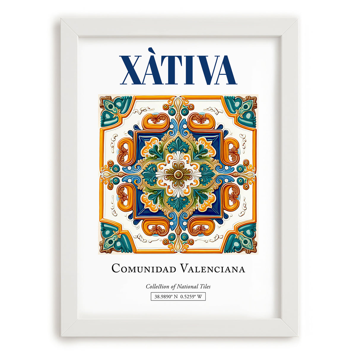 Xàtiva, Spain – Travel Print, placed in minimal white frame