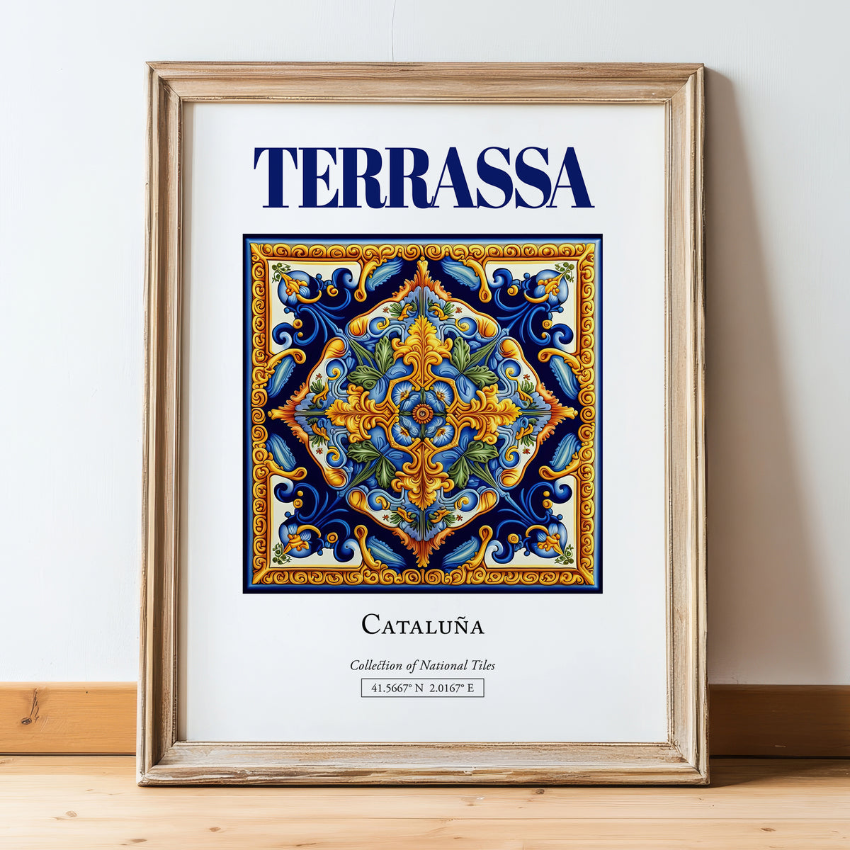 Terrassa, Spain – Wanderlust-Inspired Poster, in wooden frame leaning on the floor