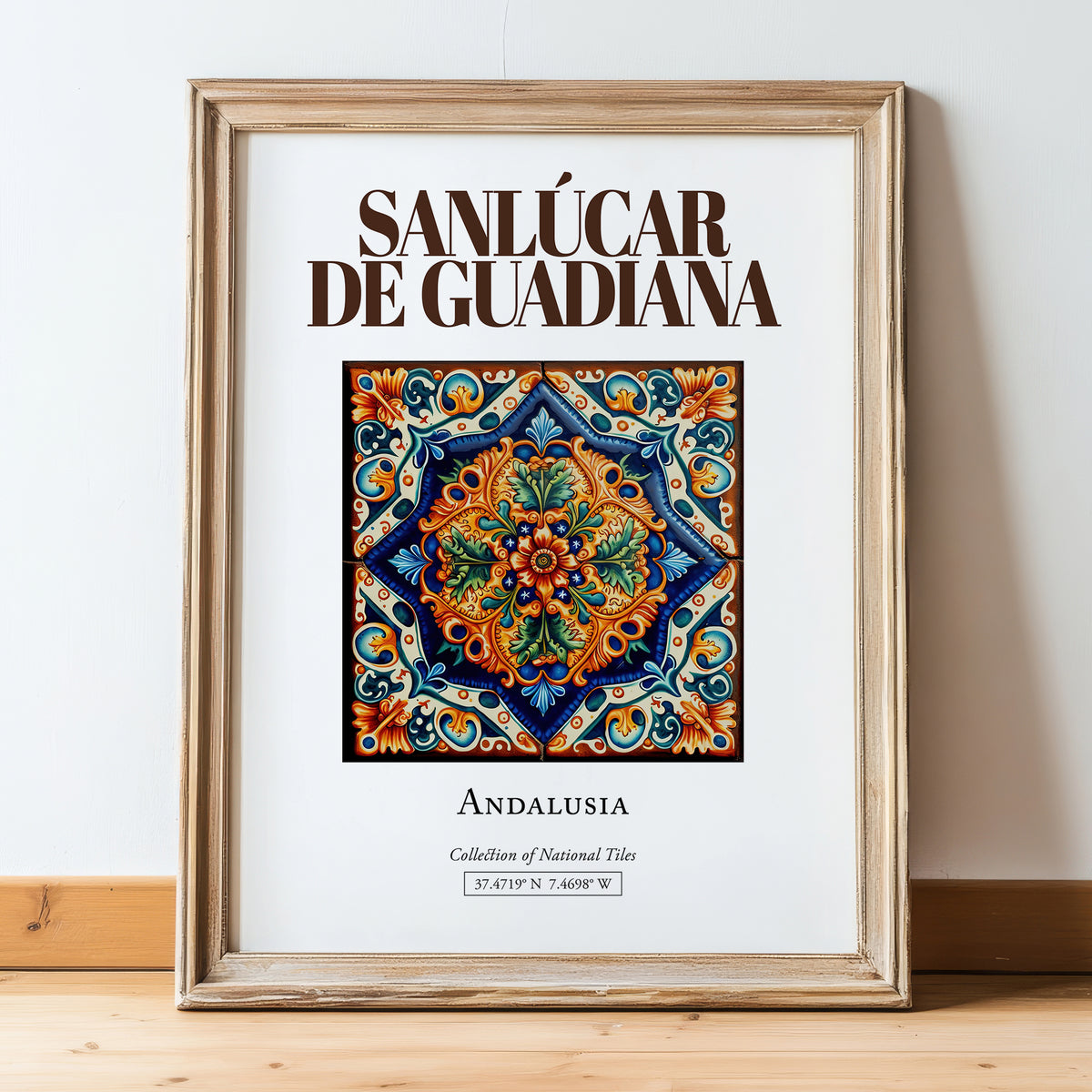 Sanlúcar de Guadiana, Spain – Travel Poster, in wooden frame leaning on the floor