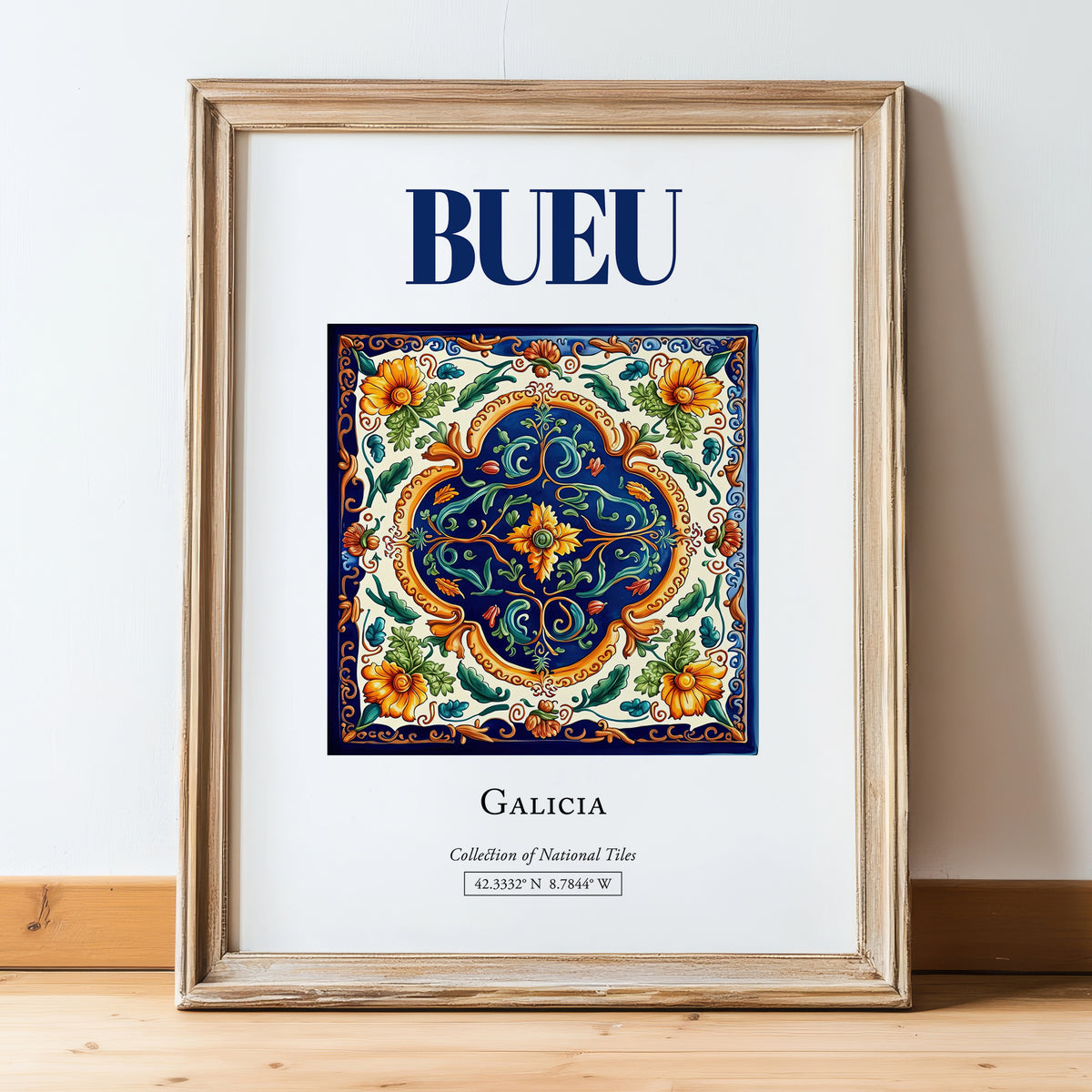 Bueu, Spain – Travel Poster, in wooden frame leaning on the floor