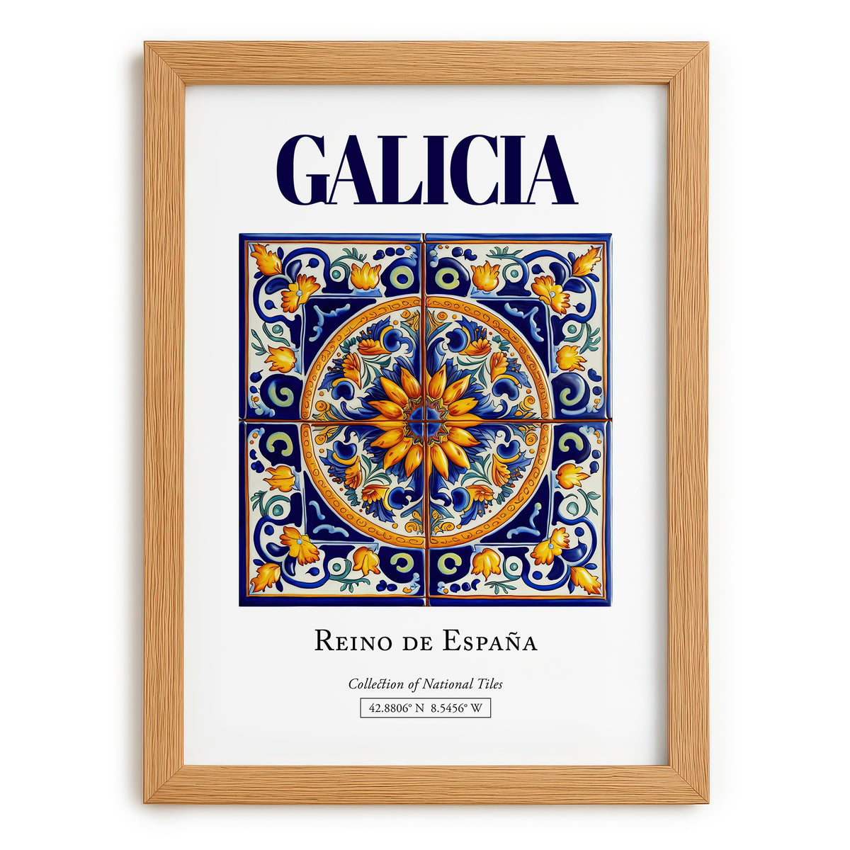 Galicia, Spain – Retro Travel Poster, set in oak frame