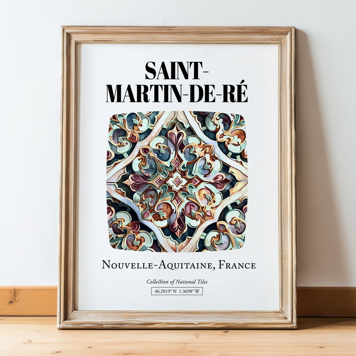 Saint-martin-de-ré, France – World Travel Art, in wooden frame leaning on the floor