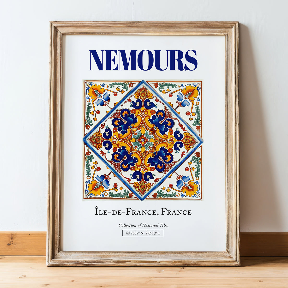 Nemours, France – Historic Cities Art Print, in wooden frame leaning on the floor