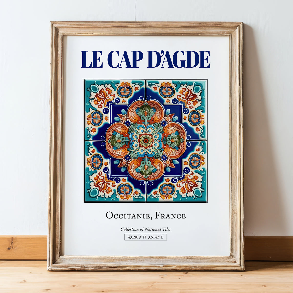 Le Cap d'Agde, France – Travel Poster, in wooden frame leaning on the floor
