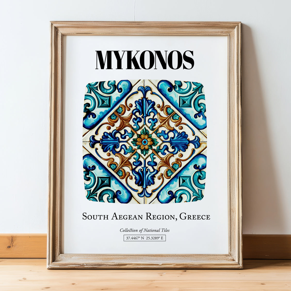 Mykonos, Greece – Travel Wall Decor, in wooden frame leaning on the floor