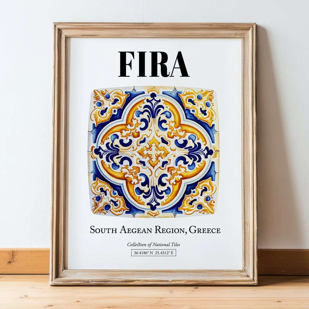 Fira, Greece – Travel Print, in wooden frame leaning on the floor