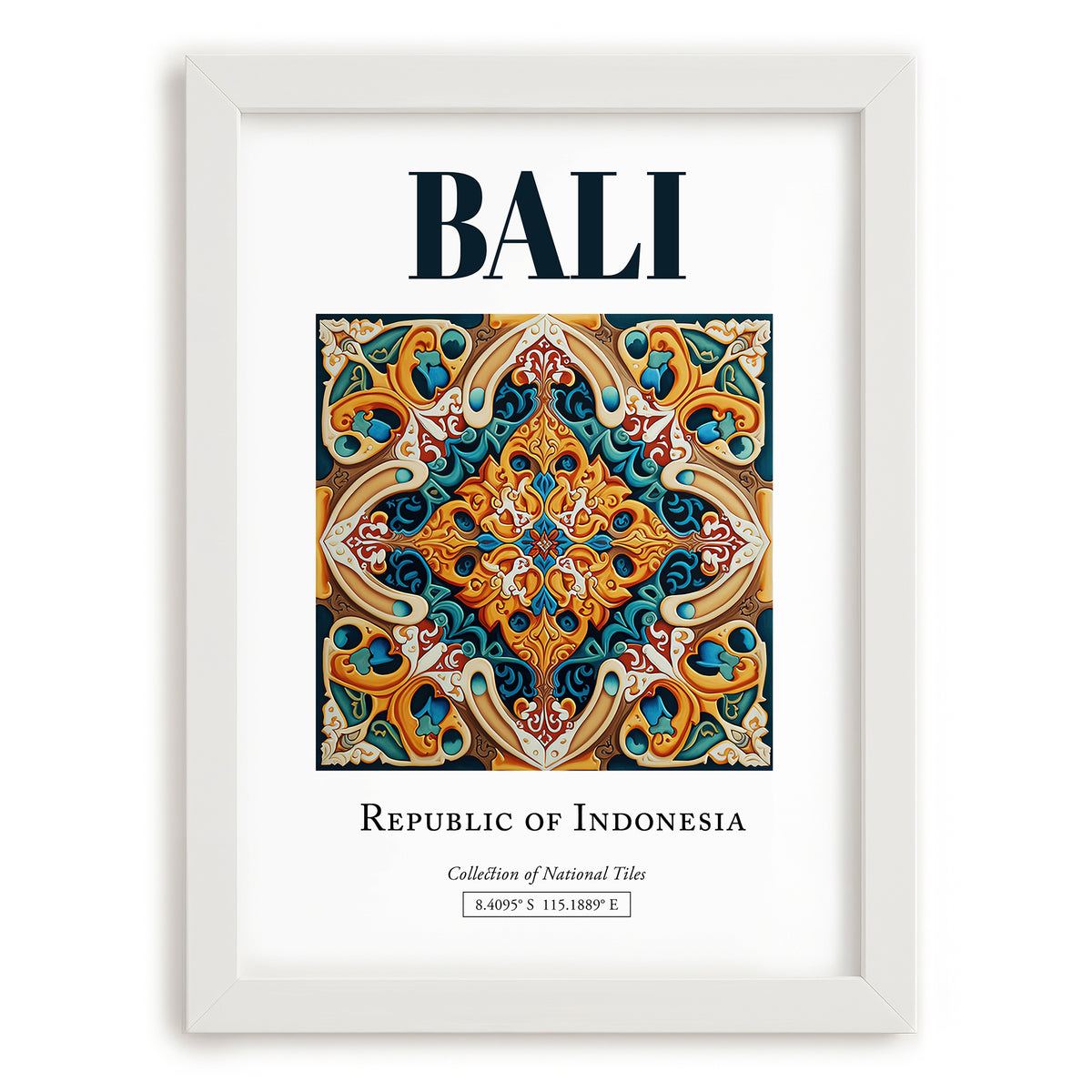 Bali, Indonesia – Travel Poster, placed in minimal white frame