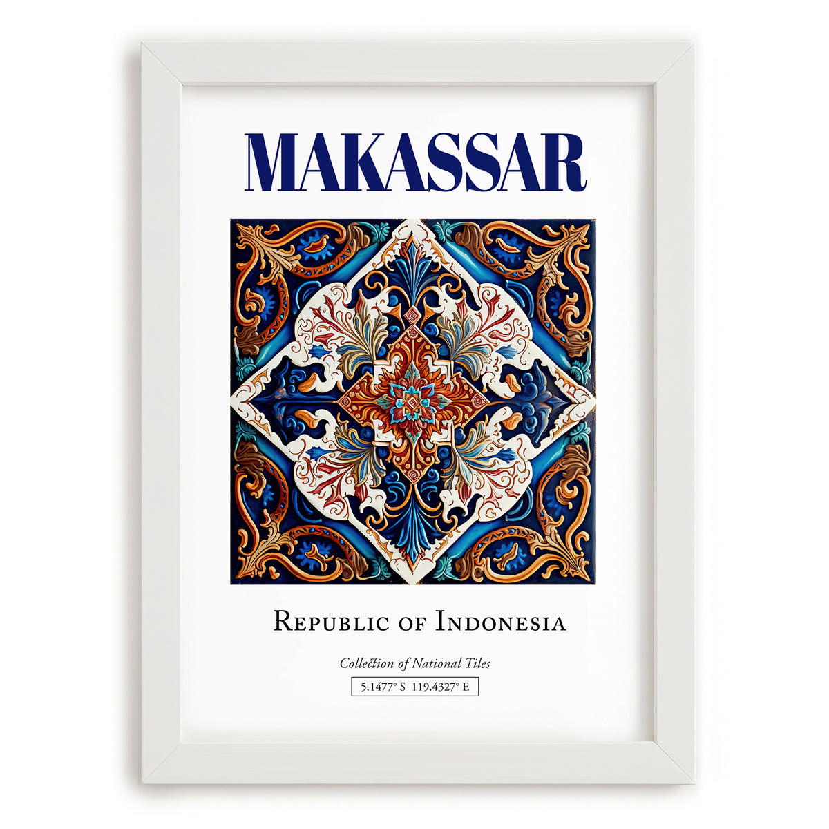 Makassar, Indonesia – Travel Destination Art, placed in minimal white frame