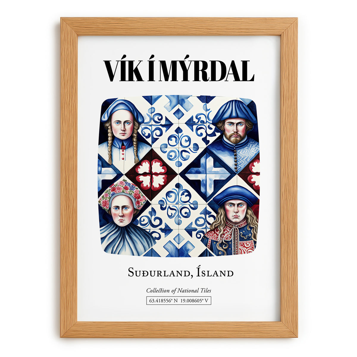 Vík Í Mýrdal, Iceland – Illustrated Travel Poster, set in oak frame