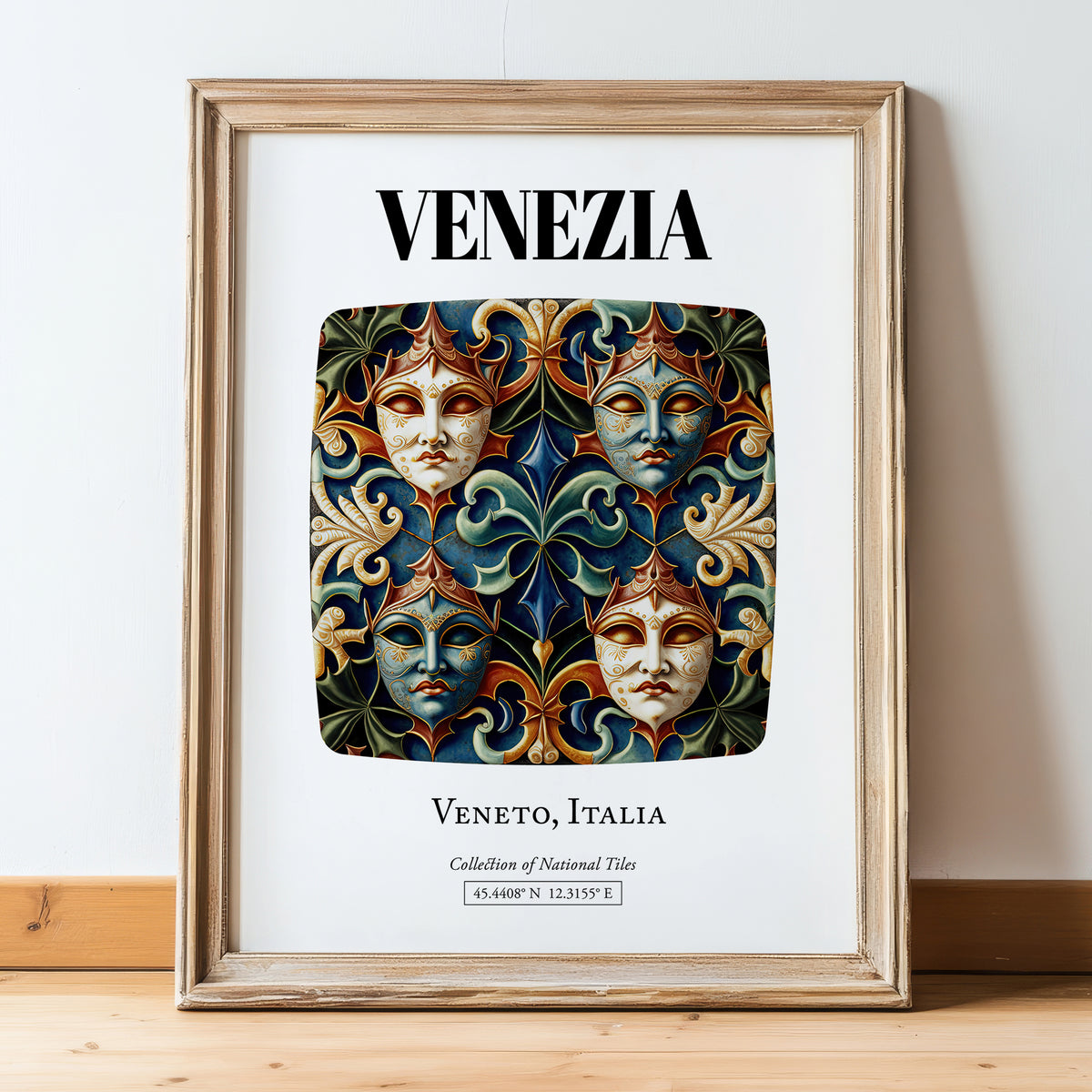 Venezia, Italy – Illustrated Travel Poster, in wooden frame leaning on the floor