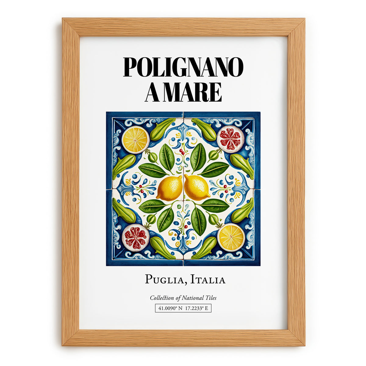 Polignano A Mare, Italy – Illustrated Travel Poster, set in oak frame