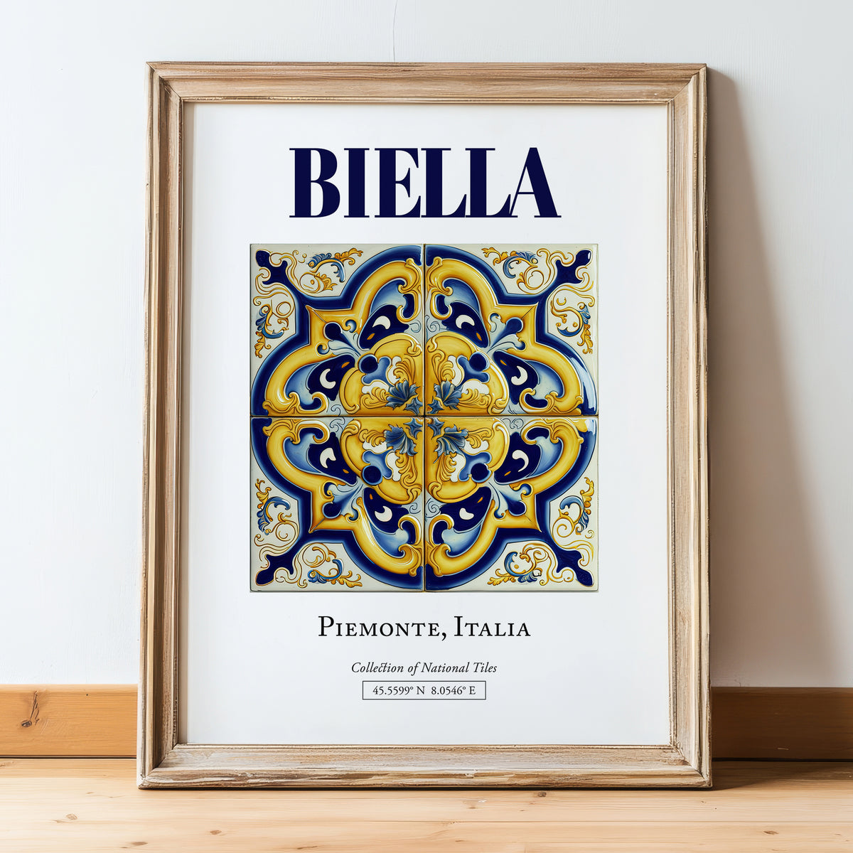Biella, Italy – Travel Poster, in wooden frame leaning on the floor