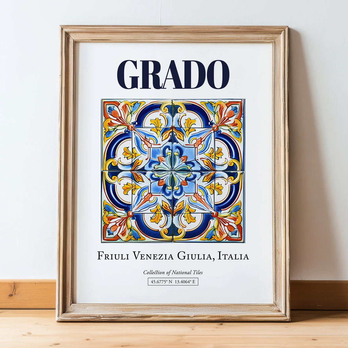 Grado, Italy – Travel Poster, in wooden frame leaning on the floor
