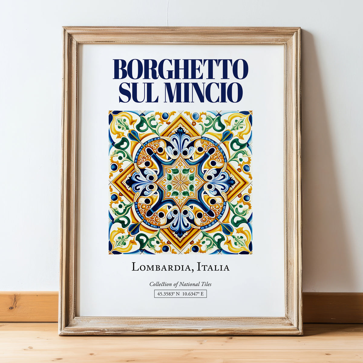 Borghetto sul Mincio, Italy – Travel Print, in wooden frame leaning on the floor