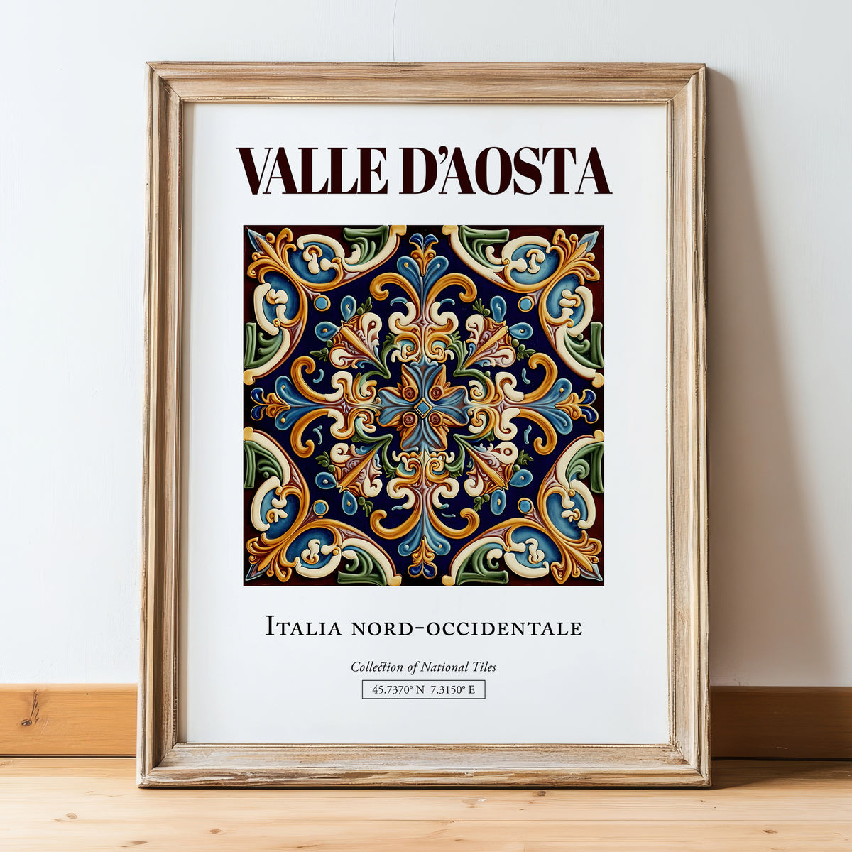Valle d'Aosta, Italy – Travel Poster, in wooden frame leaning on the floor
