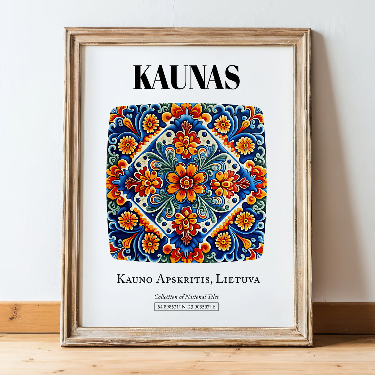 Kaunas, Lithuania – Travel Wall Art, in wooden frame leaning on the floor