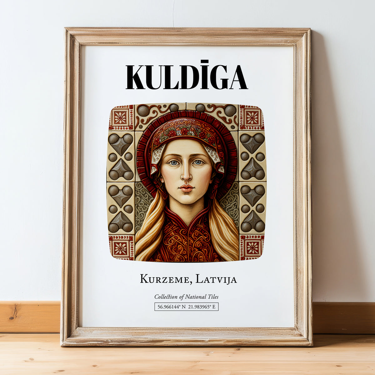 Kuldīga, Latvia – Travel Poster, in wooden frame leaning on the floor