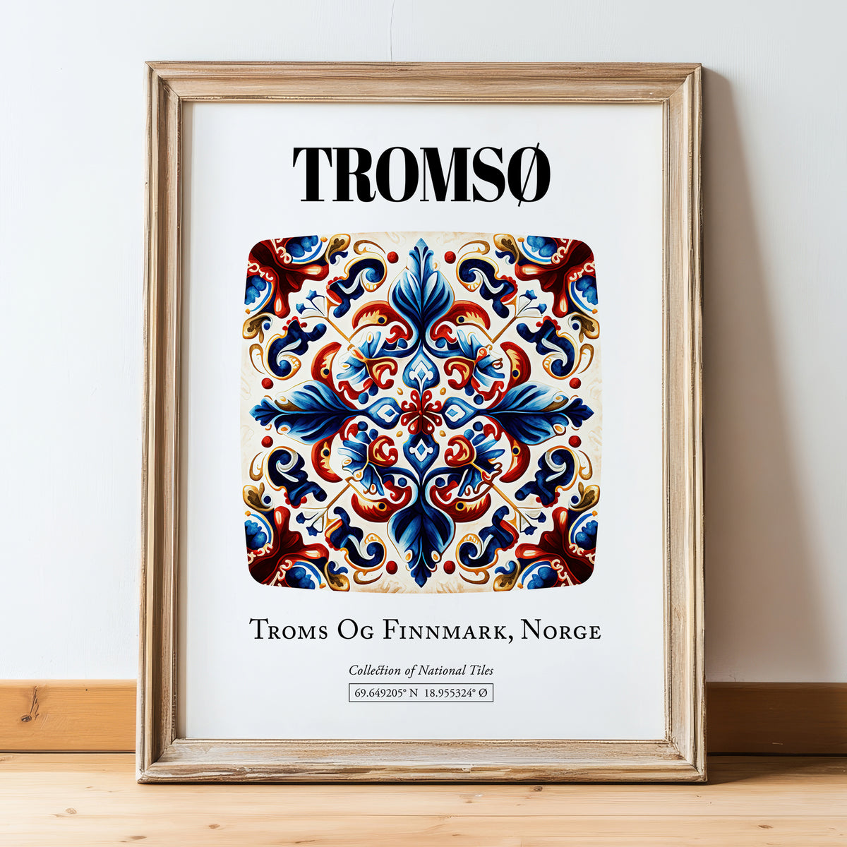 Tromsø, Norway – Travel Print, in wooden frame leaning on the floor