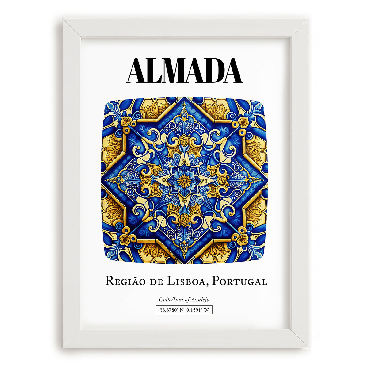 Almada, Portugal – Travel Poster, placed in minimal white frame