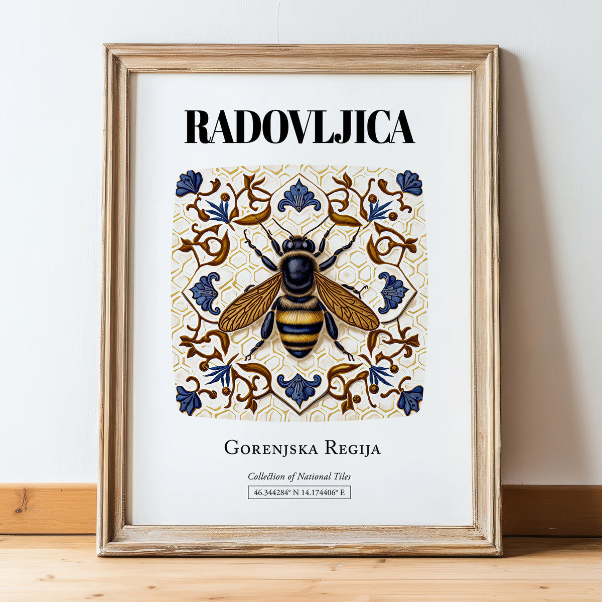 Radovljica, Slovenia – Away From Home Poster, in wooden frame leaning on the floor
