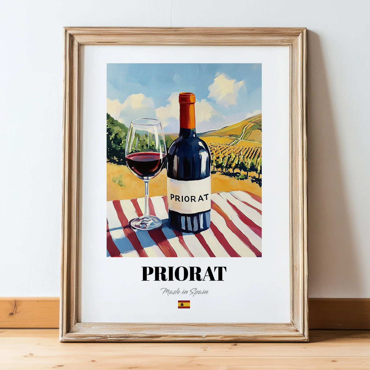 Priorat – Spanish Red Wine, Vinoteca Print, in wooden frame leaning on the floor