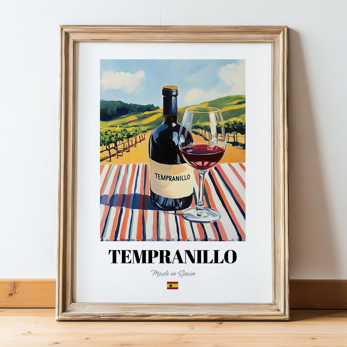 Tempranillo – Spanish Red Wine, Wine Bar Art, in wooden frame leaning on the floor