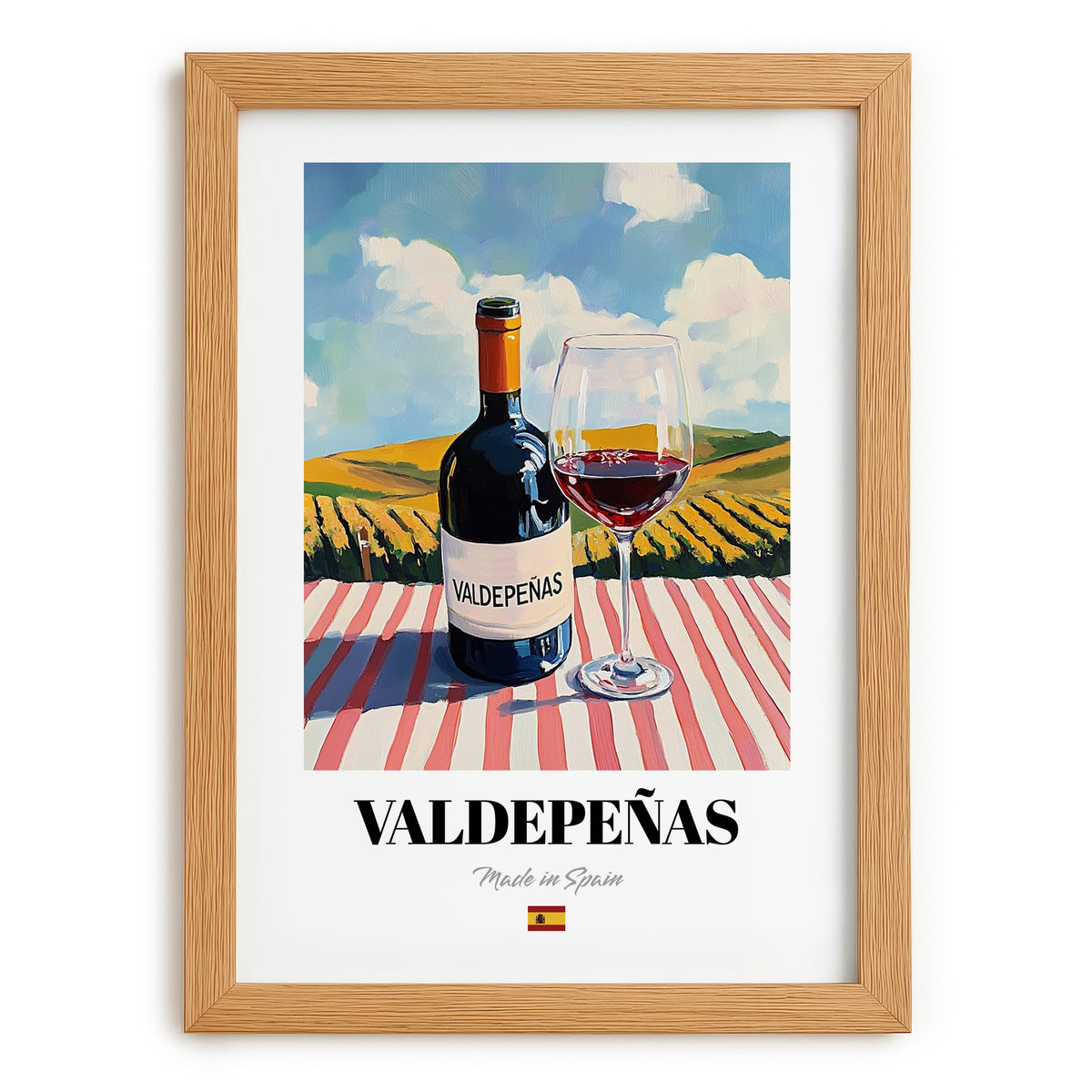 Valdepeñas – Spanish Red Wine, Wine Bar Print, set in oak frame