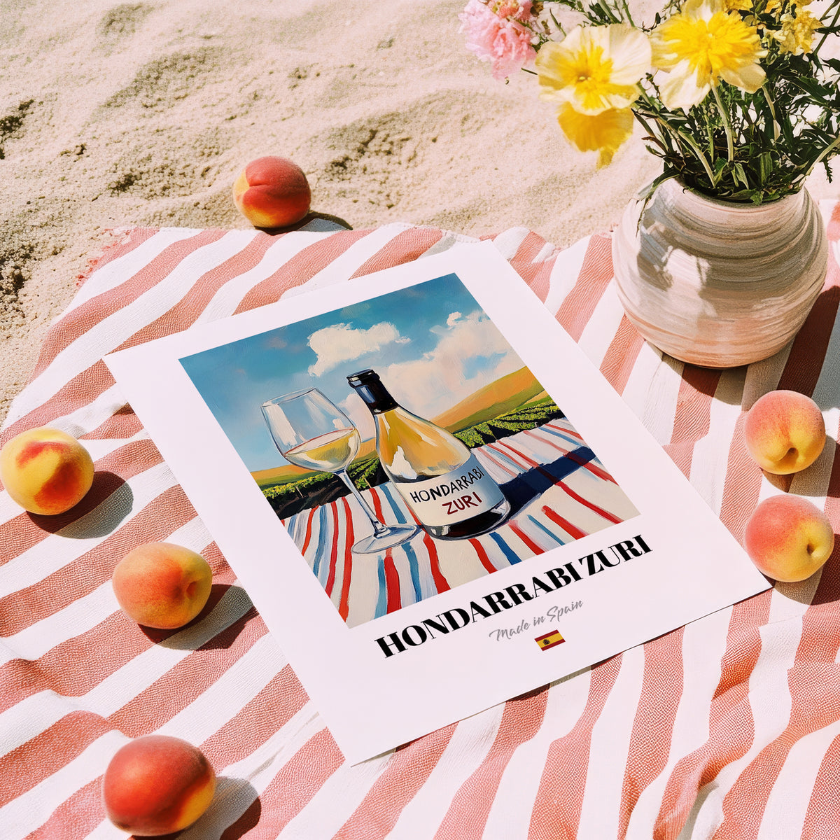 Hondarrabi Zuri – Spanish White Wine, Wine Bar Print, unframed on coastal sand
