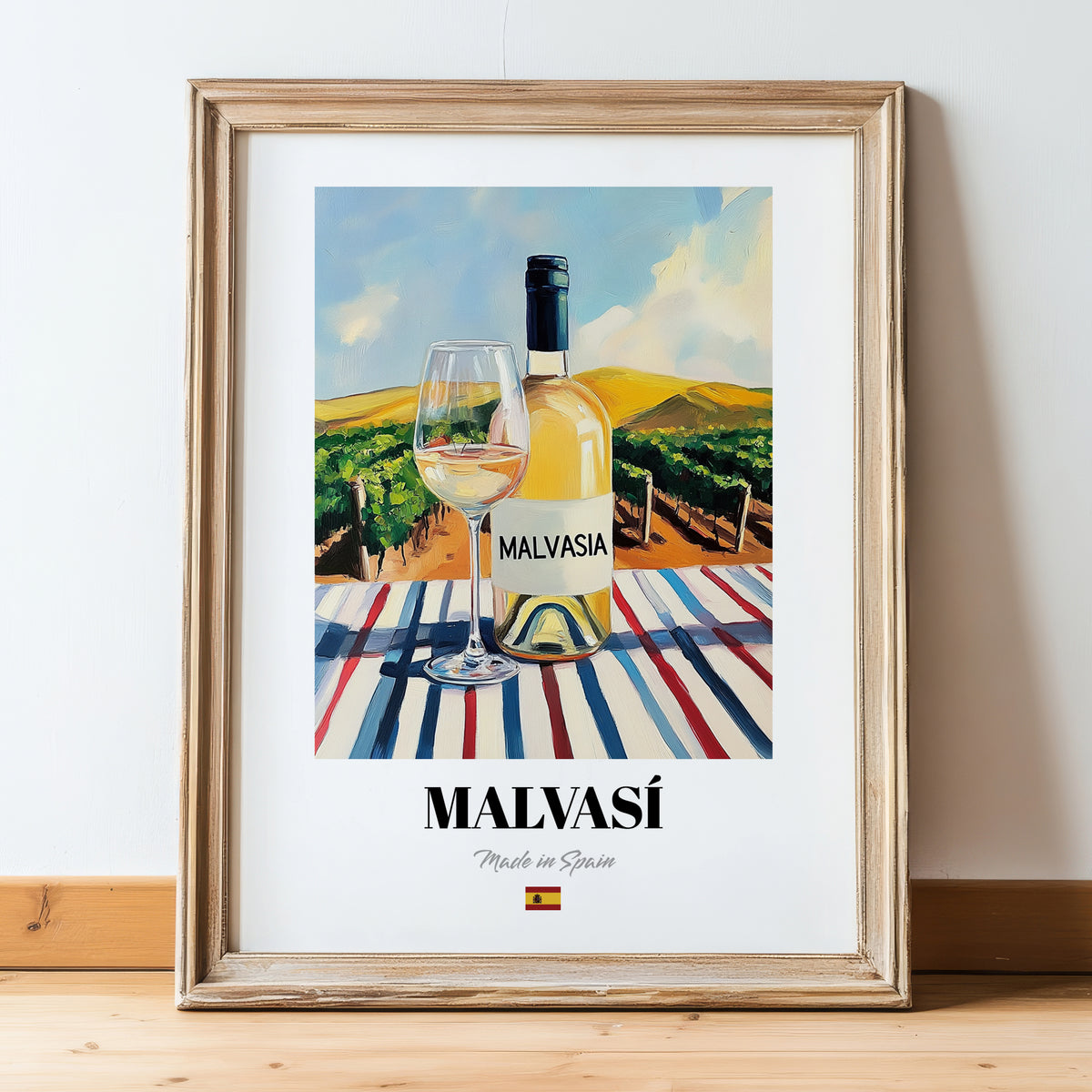 Malvasí – Spanish White Wine, Vinoteca Painting, in wooden frame leaning on the floor