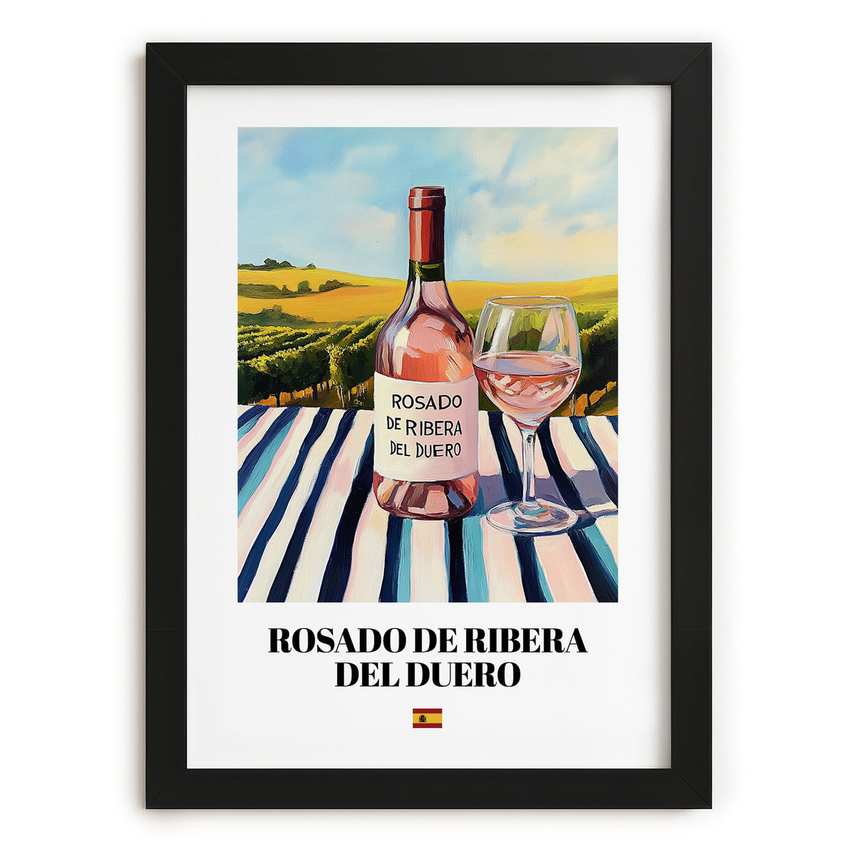 Rosado de Ribera del Duero – Spanish Rose Wine, Vineyard Terrace Wall Art, in sleek black frame