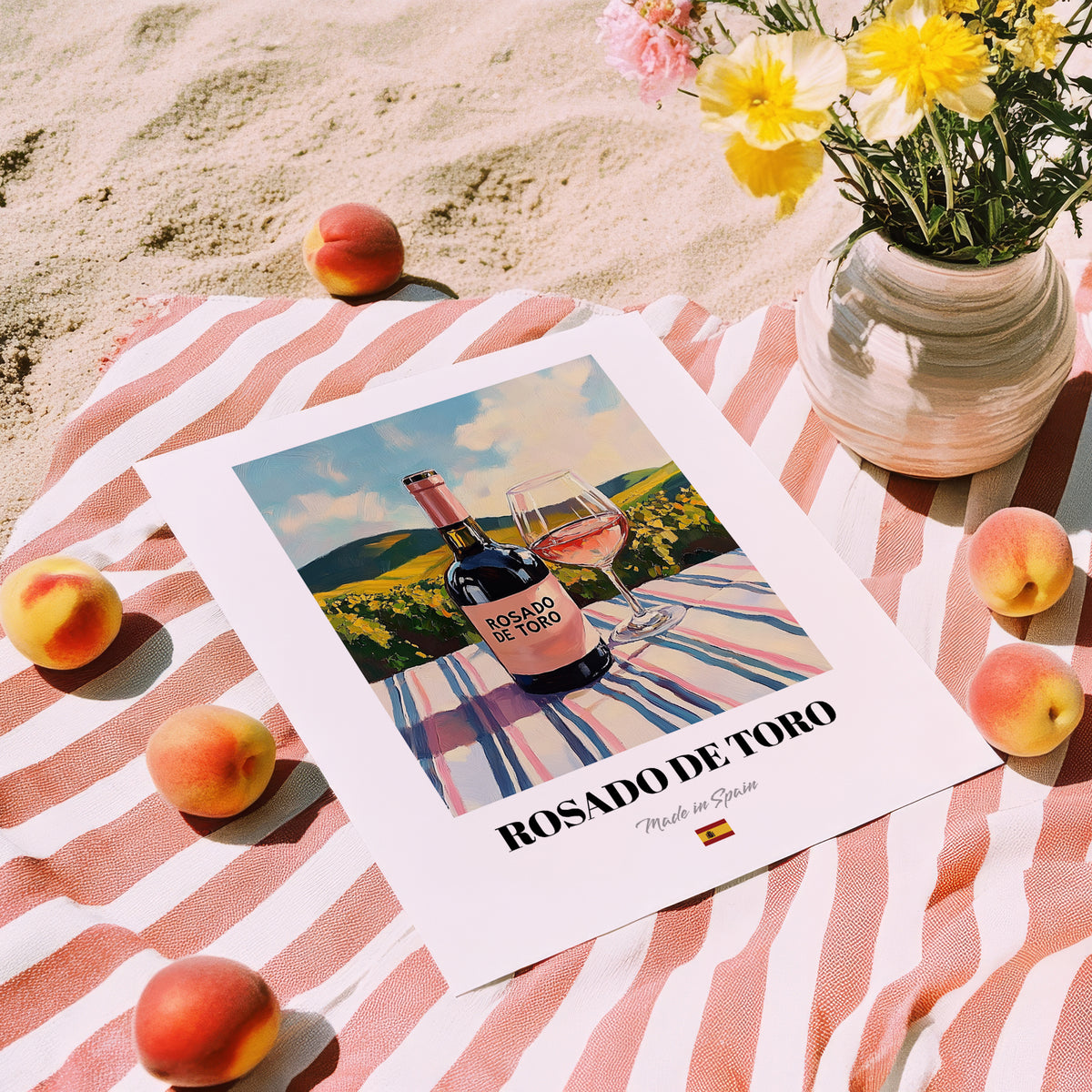 Rosado de Toro – Spanish Rose Wine, Tasting Room Print, unframed on coastal sand