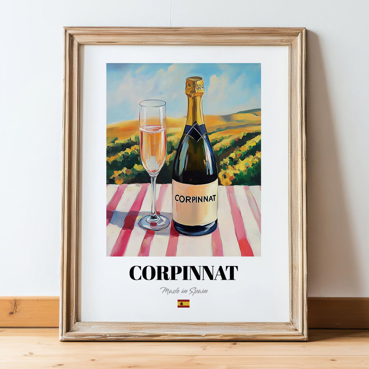 Corpinnat – Spanish Sparkling Wine, Wine Bar Wall Art, in wooden frame leaning on the floor
