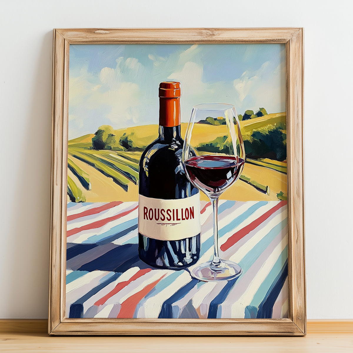 Roussillon – French Red Wine, Enoteca Wall Art, no-text version framed in wood