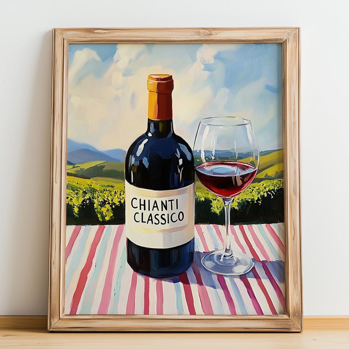 Chianti Classico – Italian Red Wine, Tasting Room Art, no-text version framed in wood