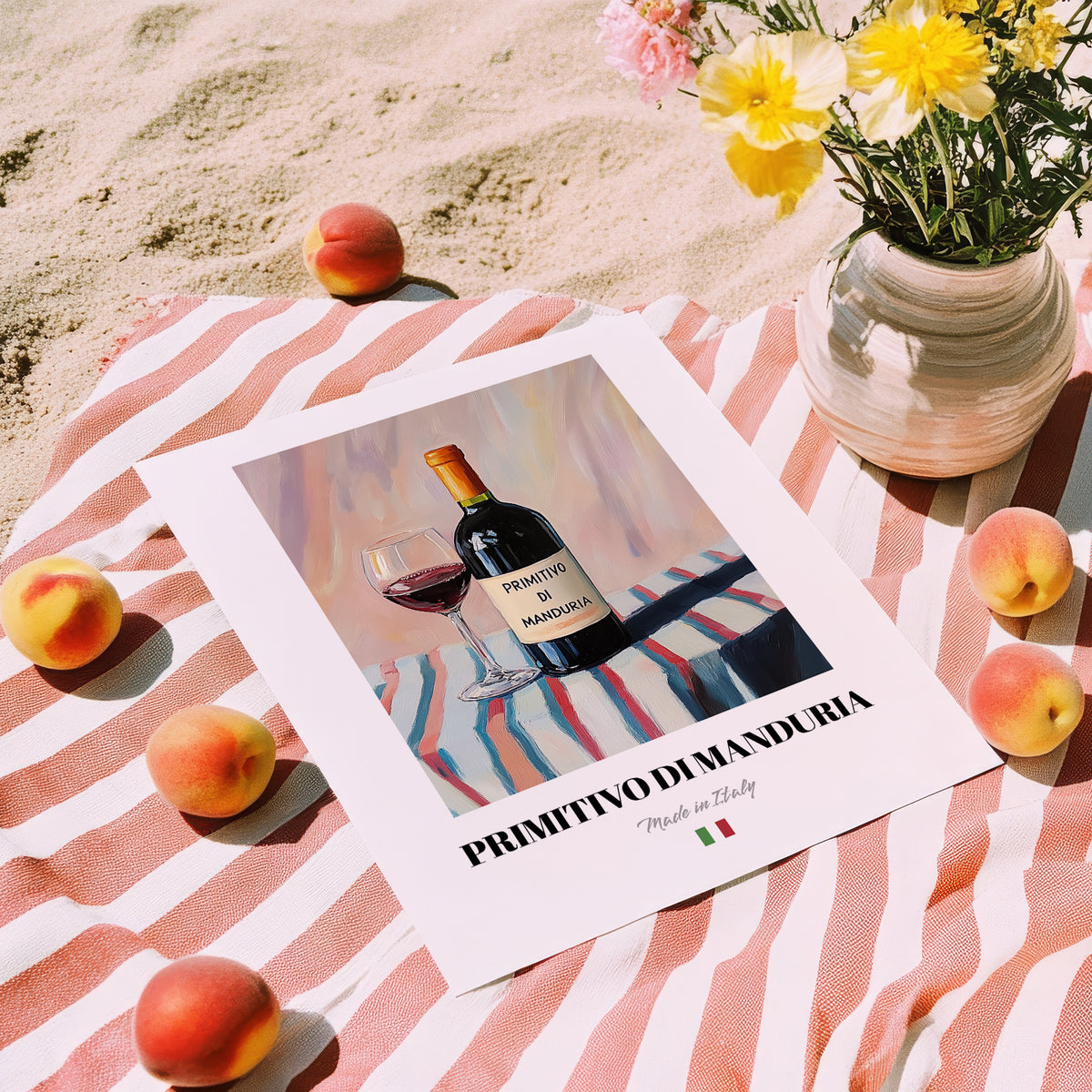 Primitivo di Manduria – Italian Red Wine, Wine Bar Poster, unframed on coastal sand