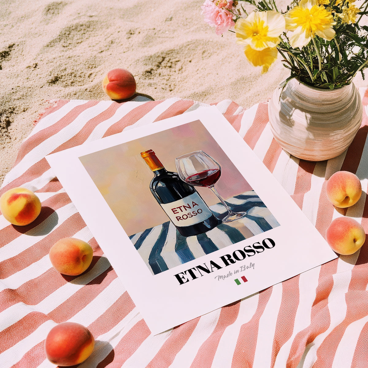 Etna Rosso – Italian Red Wine, Tasting Room Painting, unframed on coastal sand