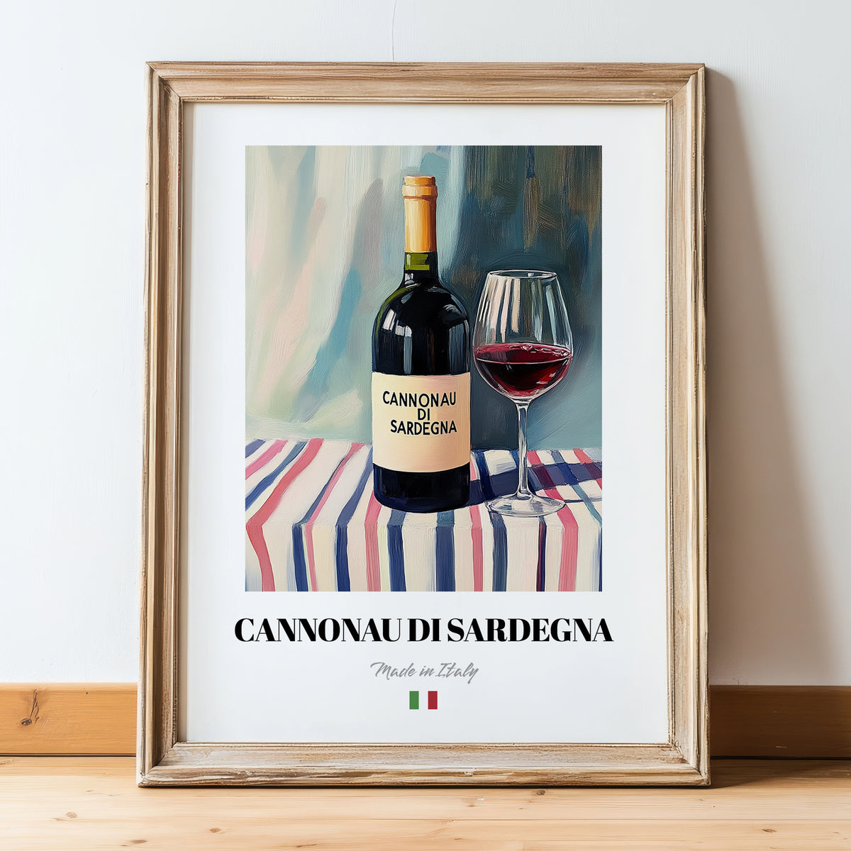 Cannonau di Sardegna – Italian Red Wine, Wine Bar Wall Art, in wooden frame leaning on the floor
