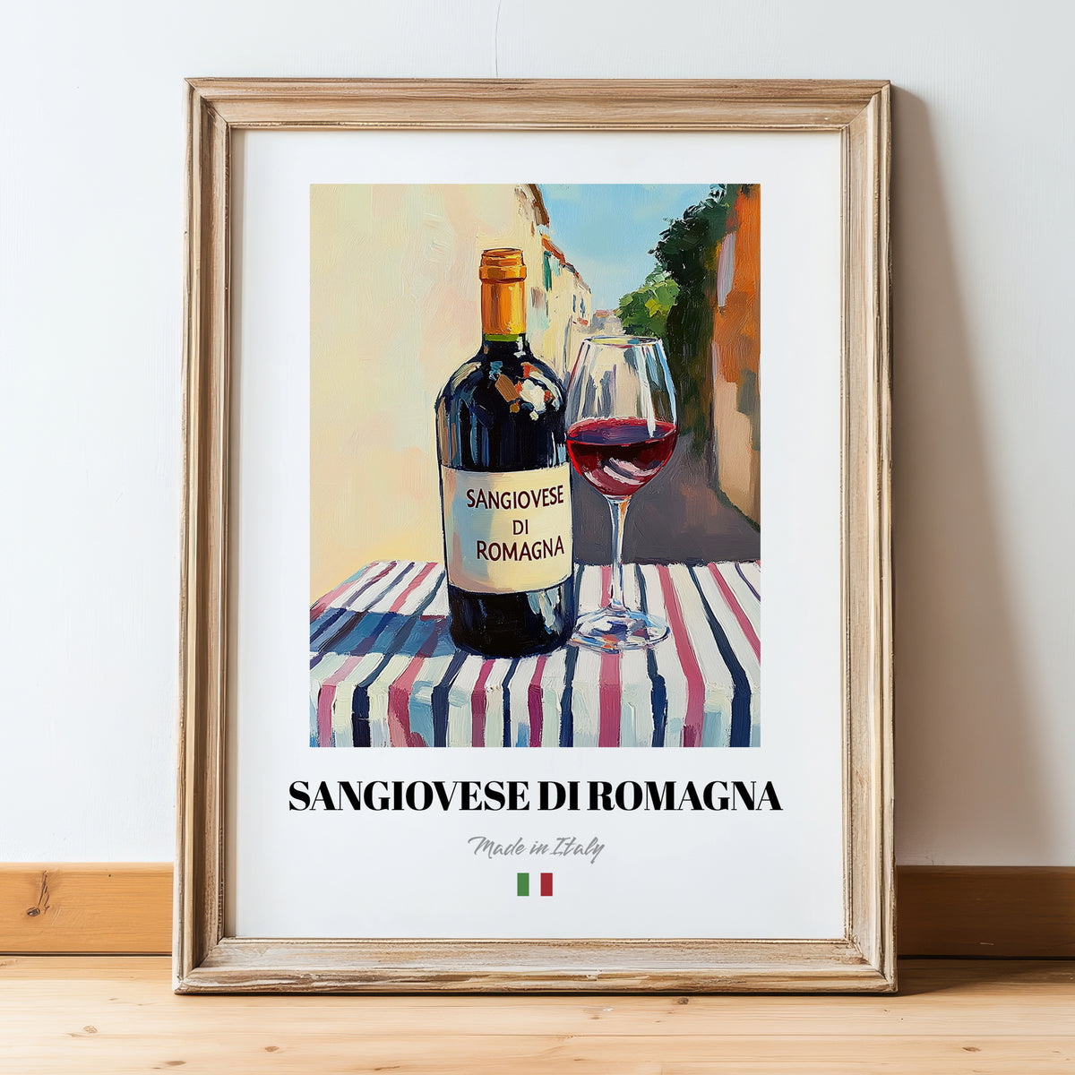 Sangiovese di Romagna – Italian Red Wine, Wine Bar Poster, in wooden frame leaning on the floor