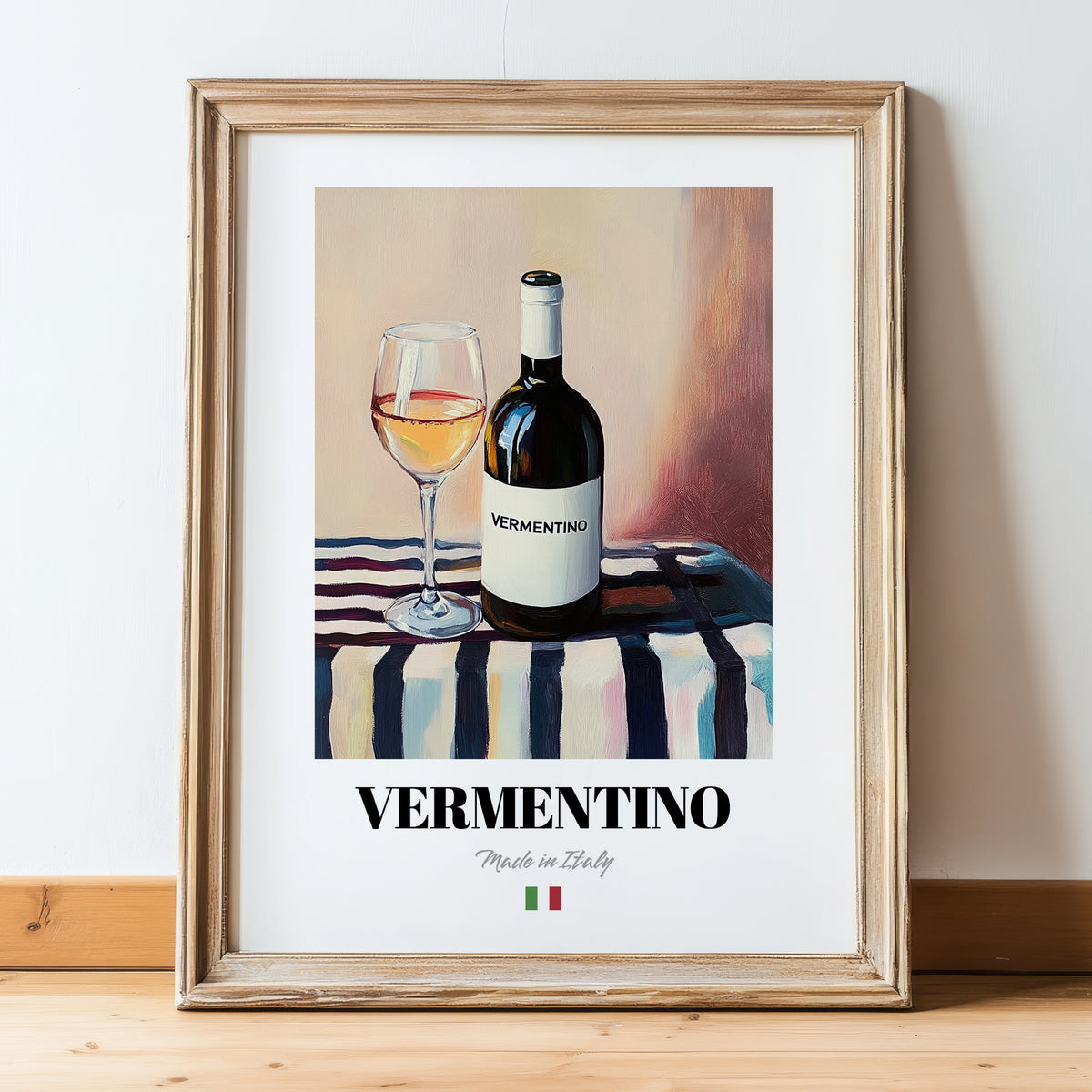 Vermentino – Italian White Wine, Vinoteca Poster, in wooden frame leaning on the floor